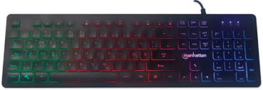 Manhattan Ultraflache Multimedia-Gaming-Tastatur, schwarz, LEDs RGB, USB, DE