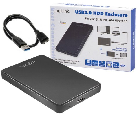 2.5" (6,35cm) LogiLink USB 3.0 Festplattengehäuse LED Anzeige, Schwarz (für SATA HDD / SSD)