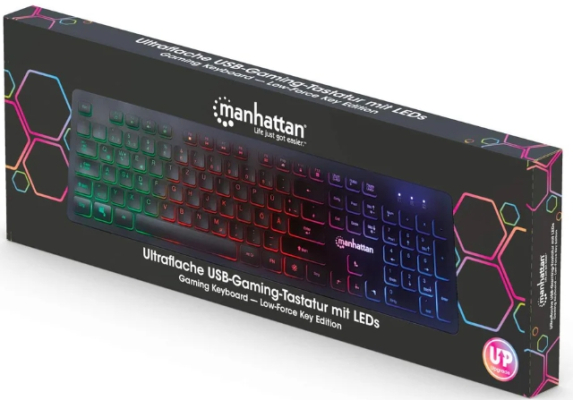 Manhattan Ultraflache Multimedia-Gaming-Tastatur, schwarz, LEDs RGB, USB, DE